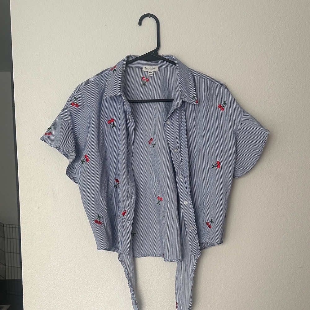 Love, Fire Blue Striped Shirt with Cherry Embroidery